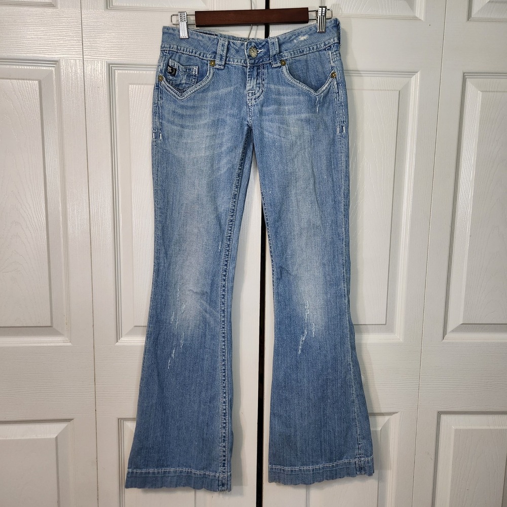 MEK Denim USA Seychelles Flare Jeans Light Wash Embroidered Low Rise 27x34